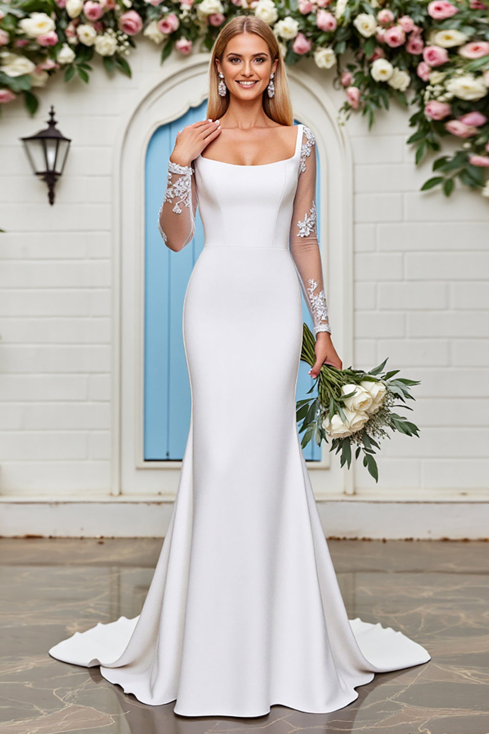 Sheer Scattered Floral Long Sleeve Square Neck Bridal And Ceremonial Dress With Fishtail Train