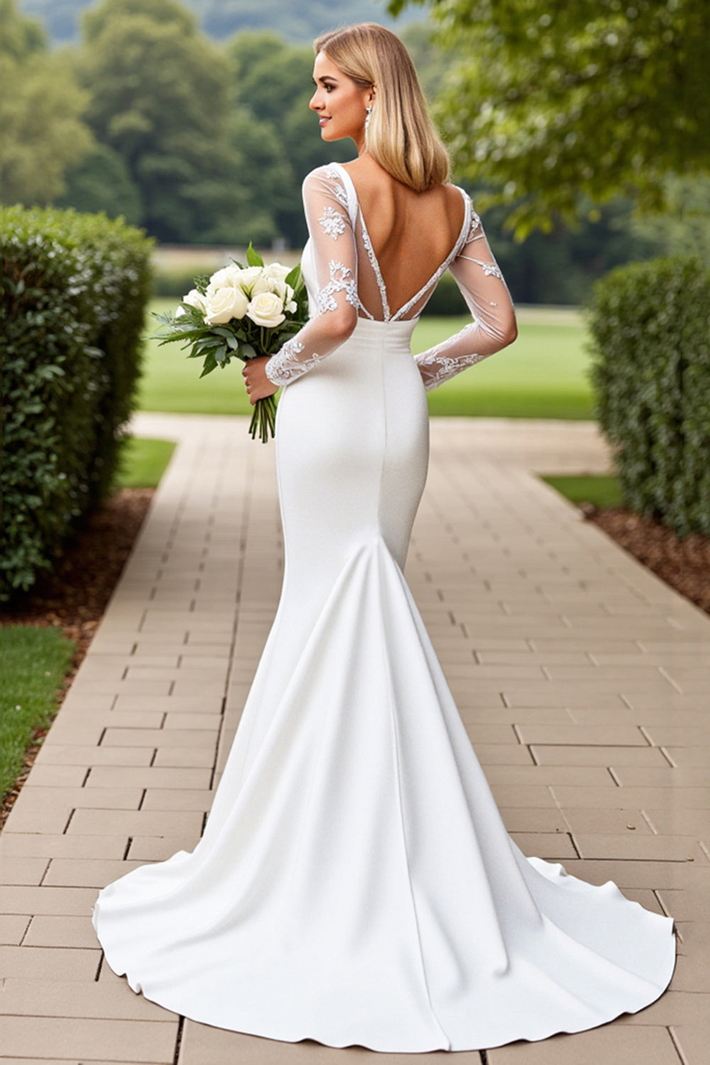 Sheer Scattered Floral Long Sleeve Square Neck Bridal And Ceremonial Dress With Fishtail Train