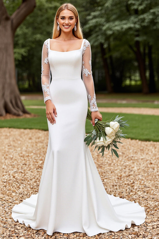 Sheer Scattered Floral Long Sleeve Square Neck Bridal And Ceremonial Dress With Fishtail Train