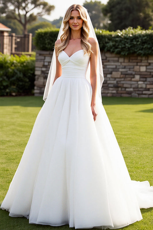 Simply Sweet Strapless Pleated Corset Bodice With A-Line Skirt Wedding Gown