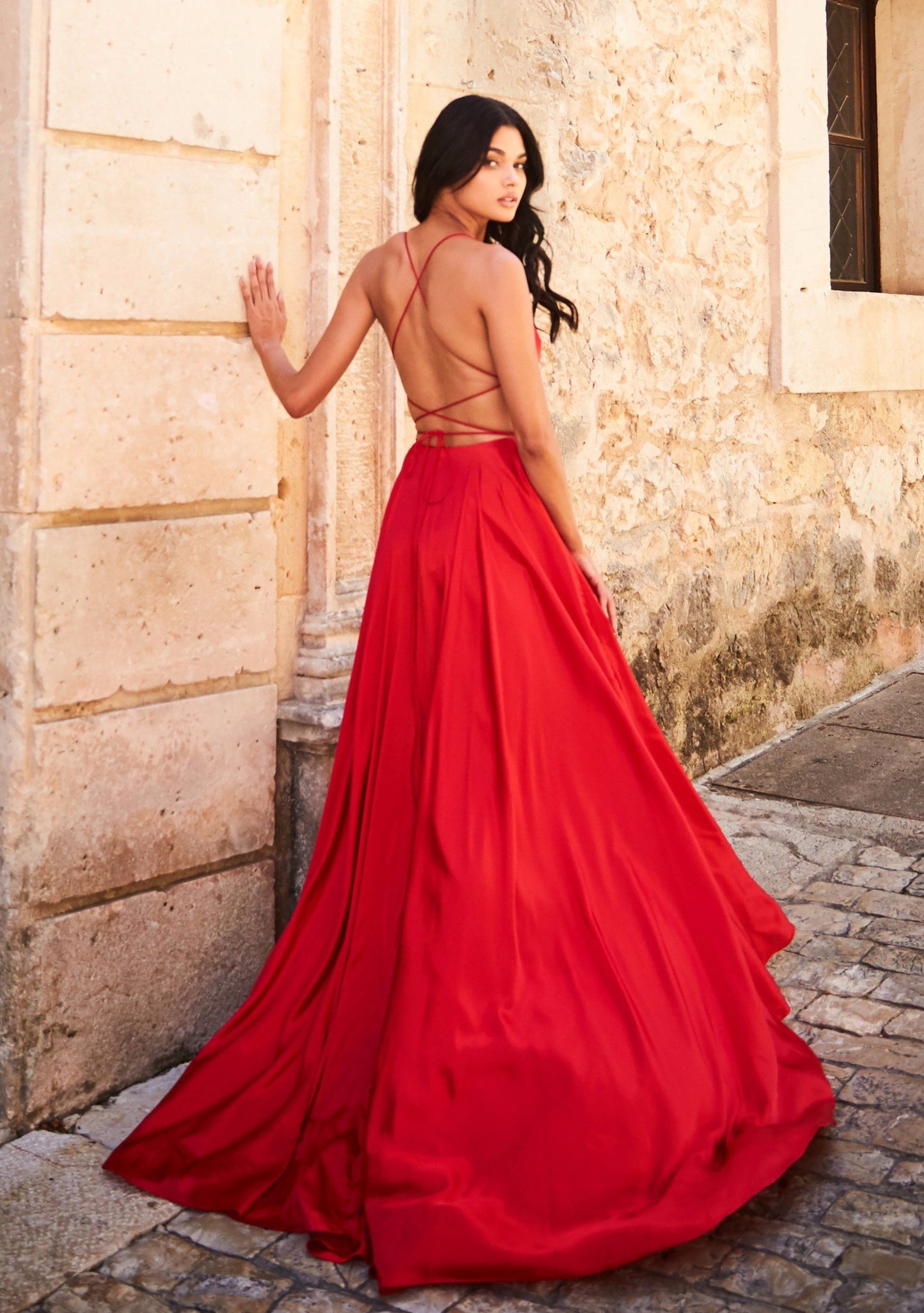 Strappy A-Line Satin Bridesmaid/Maid Of Honor Dress With Lace Up Back And High Skirt Slit