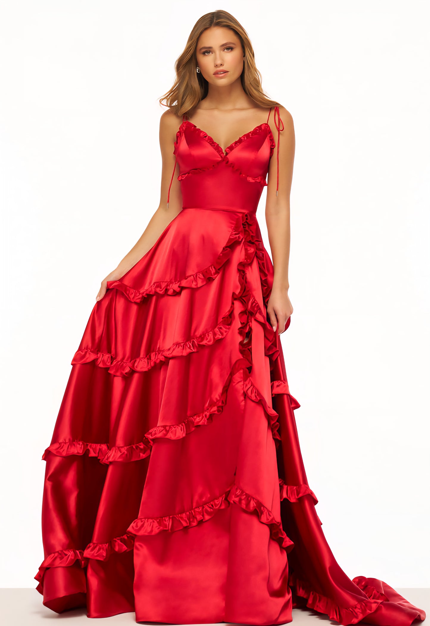 Satin Sleeveless Spaghetti Strap V Neck Ruffled Embellished Bridesmaid/Maid Of Honor Dress With Thigh High Split