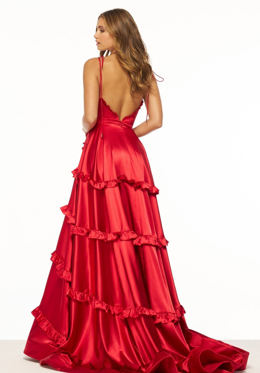Satin Sleeveless Spaghetti Strap V Neck Ruffled Embellished Bridesmaid/Maid Of Honor Dress With Thigh High Split