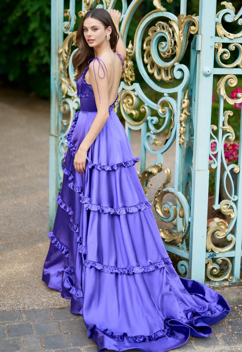 Satin Sleeveless Spaghetti Strap V Neck Ruffled Embellished Bridesmaid/Maid Of Honor Dress With Thigh High Split