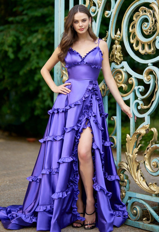 Satin Sleeveless Spaghetti Strap V Neck Ruffled Embellished Bridesmaid/Maid Of Honor Dress With Thigh High Split