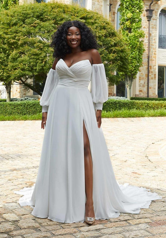 Effortless V Neck Minimalist Pleated Chiffon Bridal Ceremonial Gown With Matching Detached Sleeves