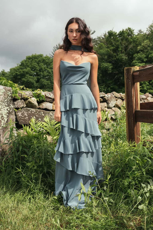Strapless Chiffon Cowl Neck Bridesmaid Dress With Flattering Neck Scarf