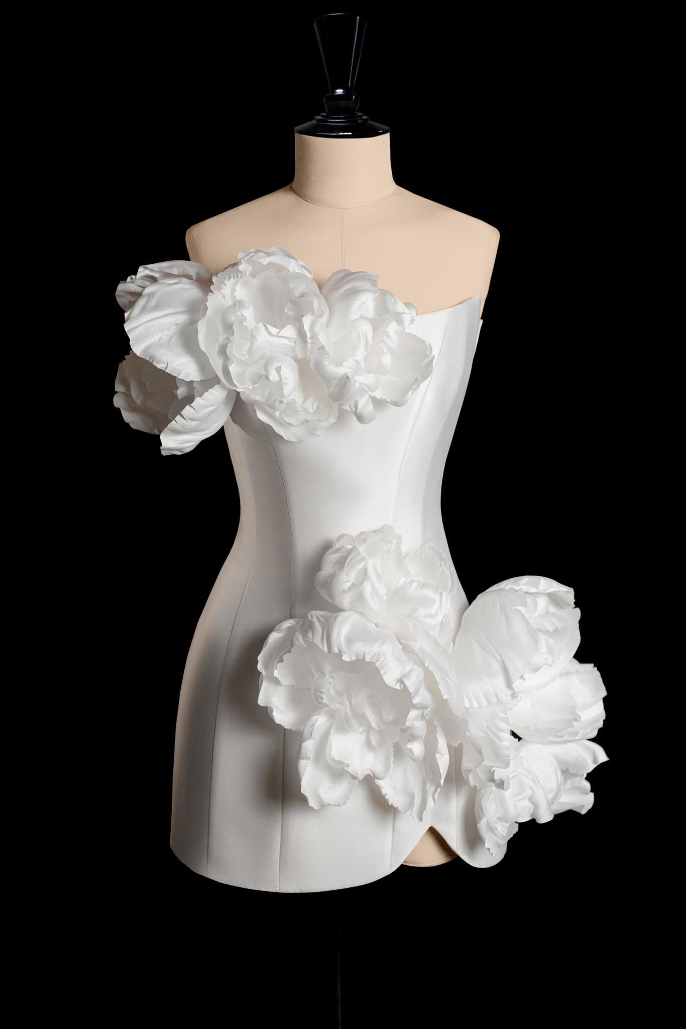 Above The Knee Strapless Bold Floral Composition Satin Sheath Dress With Detachable Train