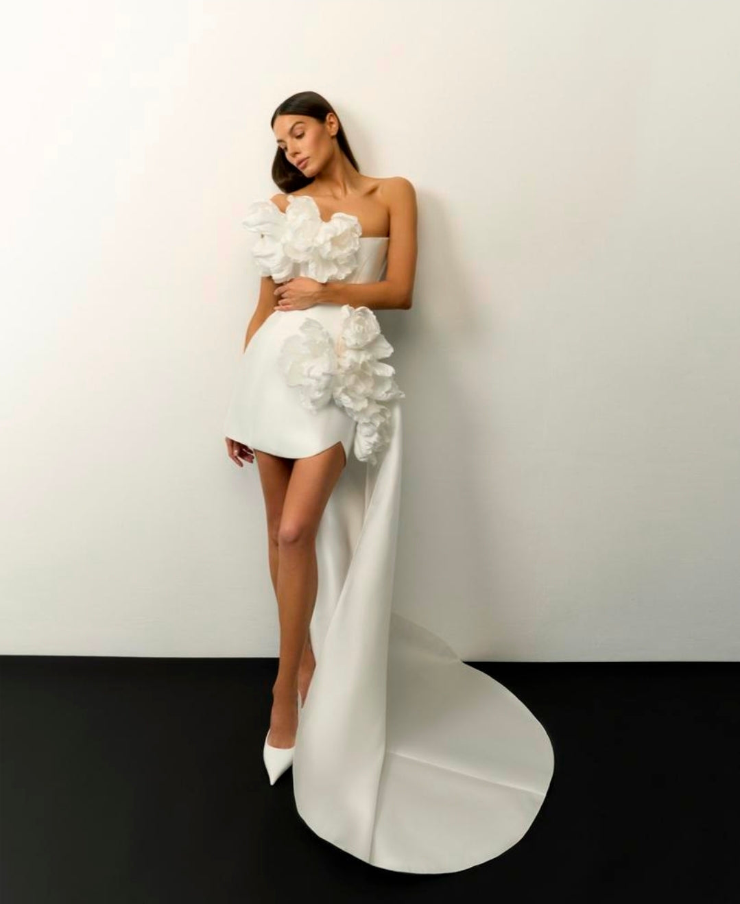 Above The Knee Strapless Bold Floral Composition Satin Sheath Dress With Detachable Train