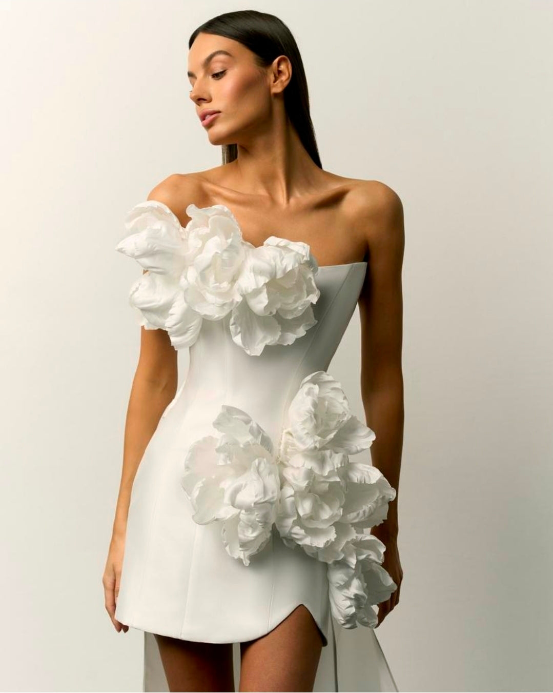 Above The Knee Strapless Bold Floral Composition Satin Sheath Dress With Detachable Train