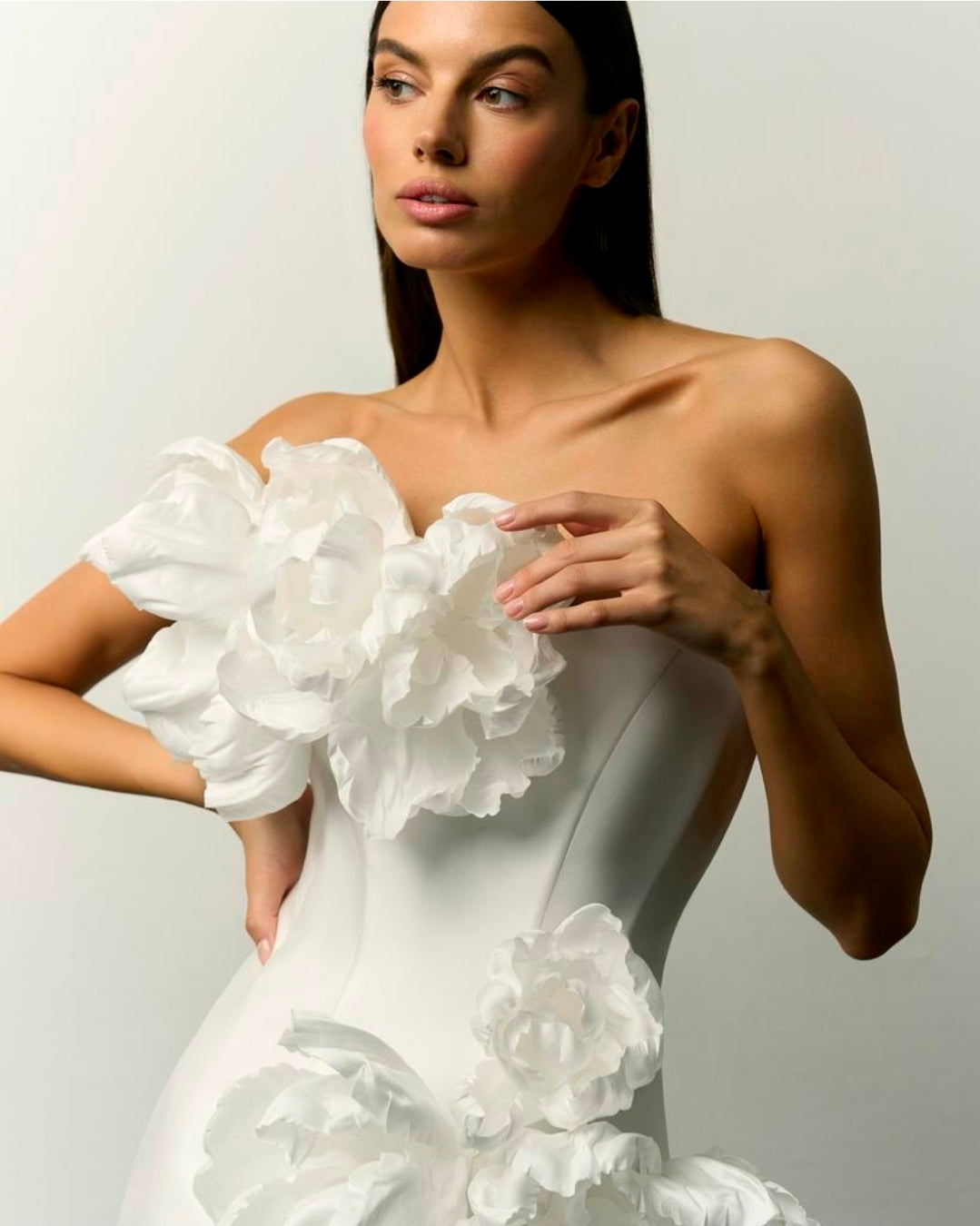 Above The Knee Strapless Bold Floral Composition Satin Sheath Dress With Detachable Train