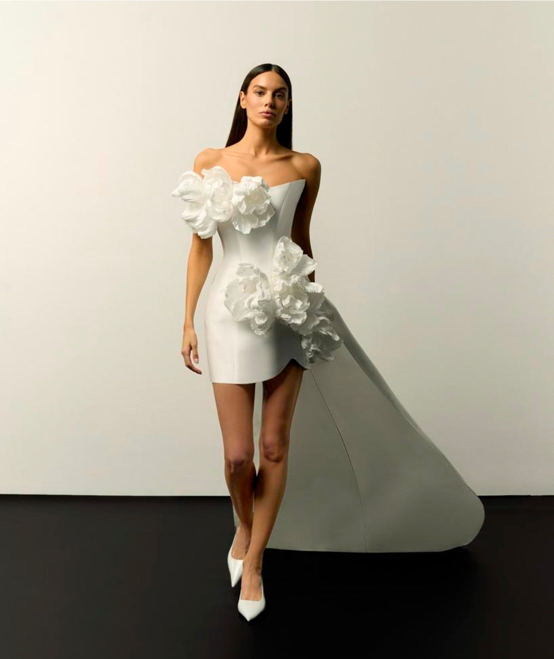 Above The Knee Strapless Bold Floral Composition Satin Sheath Dress With Detachable Train