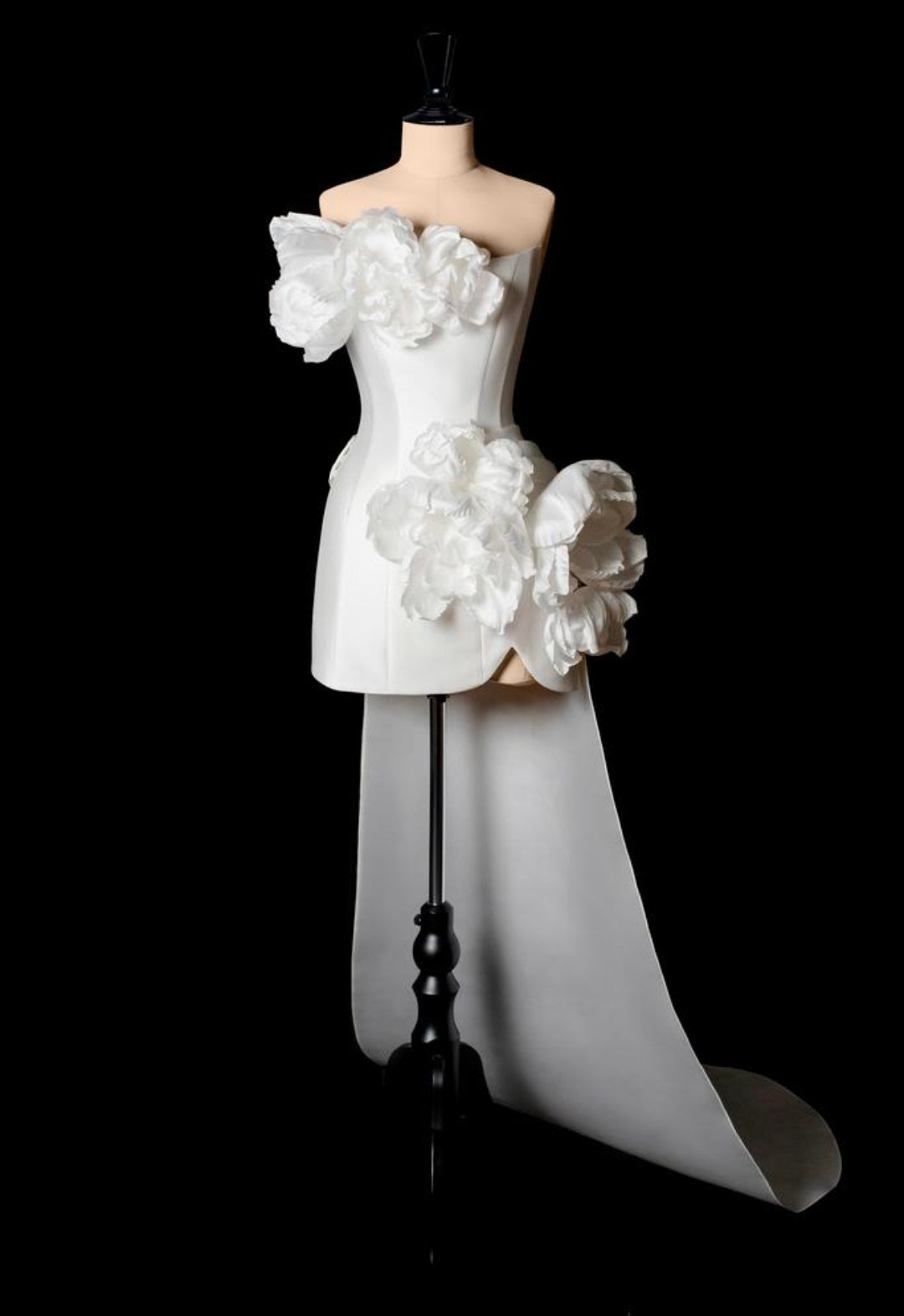 Above The Knee Strapless Bold Floral Composition Satin Sheath Dress With Detachable Train
