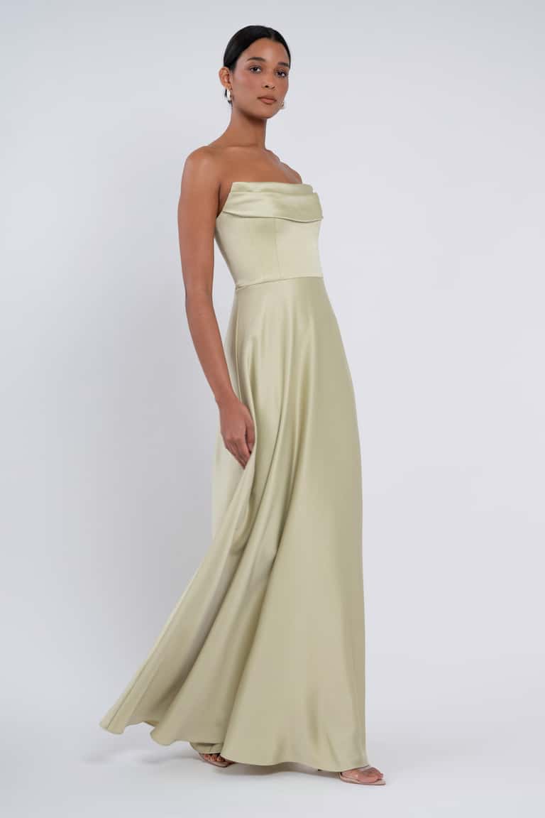 Strapless Structured Corset Bodice And Draped Empire Bodice Detail Bridesmaid Dress With Circle Cut Style Skirt