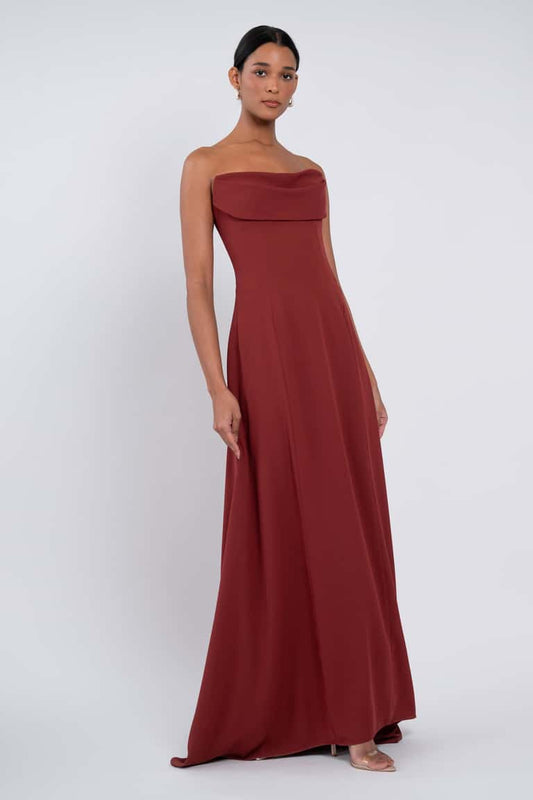 Empire Waist Draped Neckline Bridesmaid Dress With Princess Seams And Flattering Full Flowing Skirt