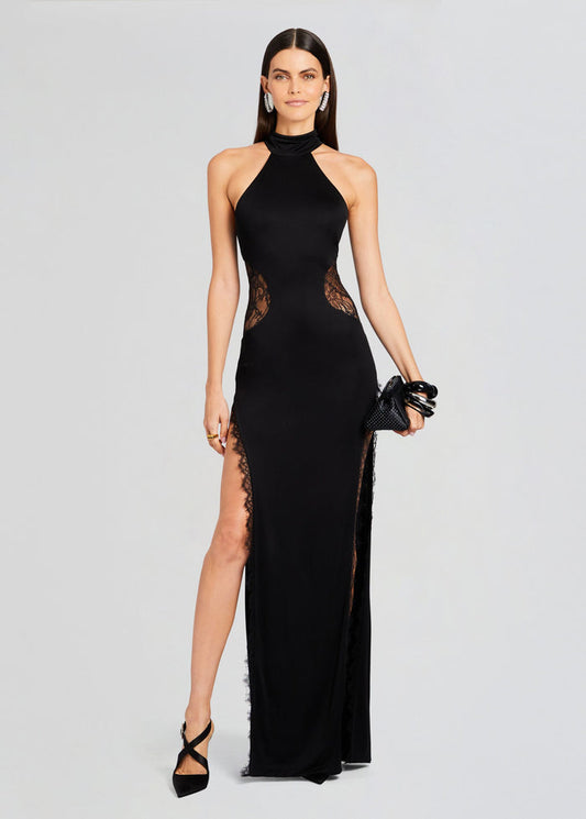 Elegant And Tasteful Halter Neck Lace Side Inlets With Double Side Thigh High Split With Lace Edge Detail Bridesmaid/Maid Of Honor Dress