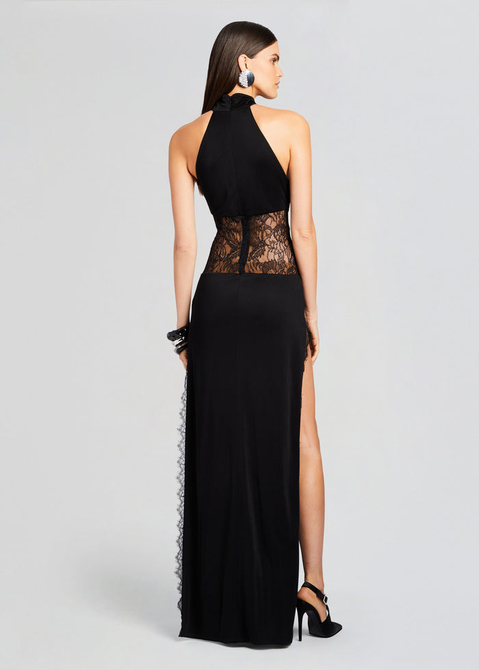 Elegant And Tasteful Halter Neck Lace Side Inlets With Double Side Thigh High Split With Lace Edge Detail Bridesmaid/Maid Of Honor Dress