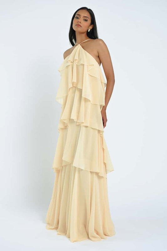 Tiered Ruffle Drapery Chiffon Fun And Flirty Halter Neck Bridesmaid Dress