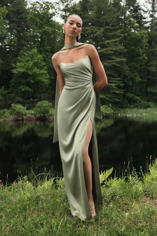 Satin Spaghetti Strap Simple Scoop Neck Split Hem Bridesmaid Dress With Neck Scarf