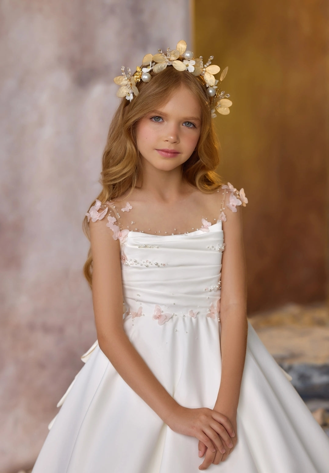 Beautiful Pearl Beaded & Butterflies Pleated Bodice A-Line Flower Girl Gown