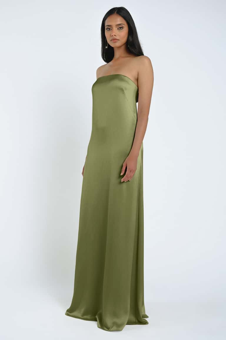 Lustrous Luxe Satin Beautifully Cut Strapless Neckline Sheath Silhouette Bridesmaid Dress