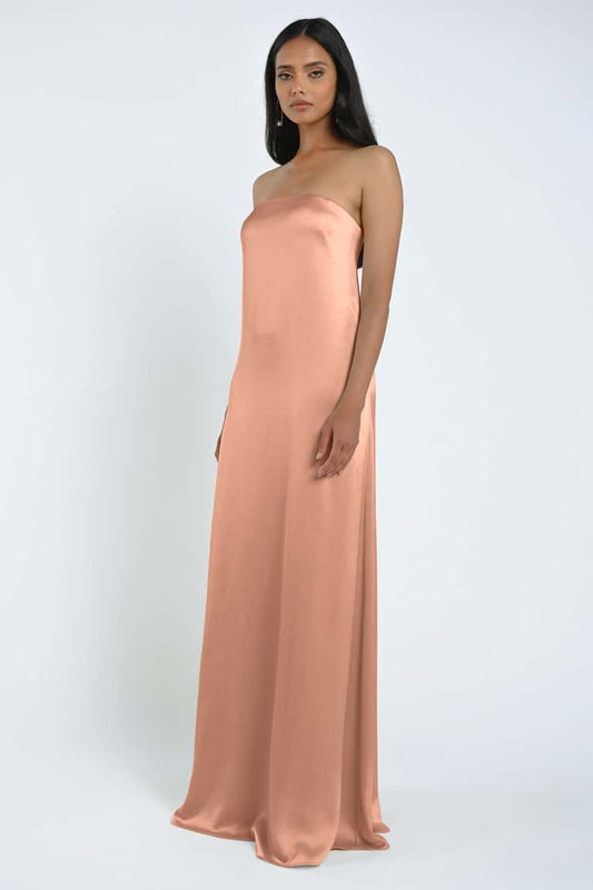 Lustrous Luxe Satin Beautifully Cut Strapless Neckline Sheath Silhouette Bridesmaid Dress