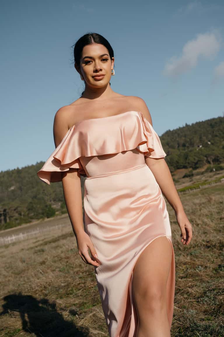 Sleek Flirtatious And Playful Satin Ruffled Off The Shoulder Neckline With A Elongating Column Skirt Bridesmaid Dress