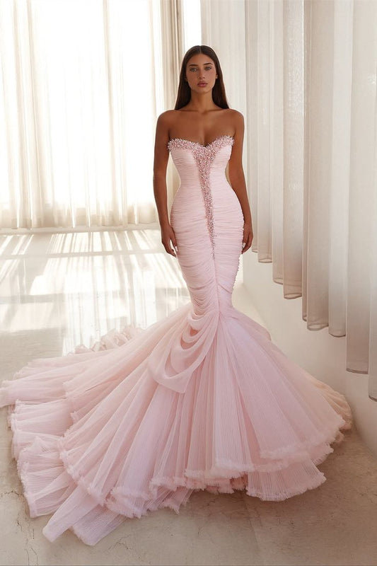 Stunning Pretty In Pink Strapless & Ruched Fit To Flare Bridal Gown With Fishtail and Sweetheart Beading Detail