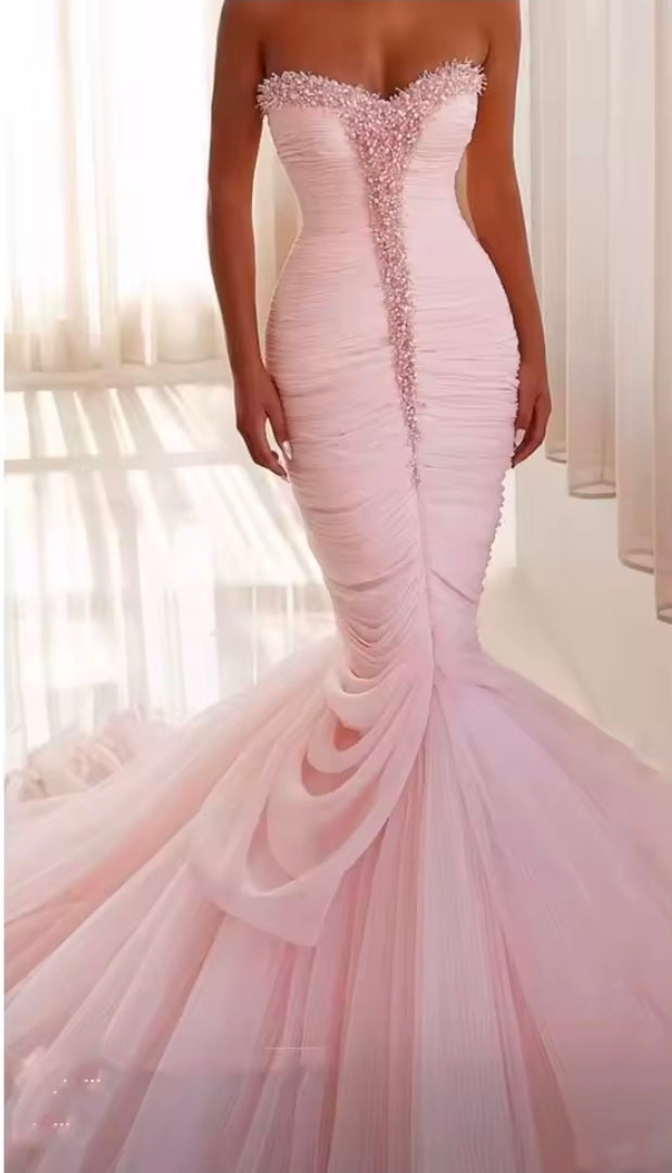 Stunning Pretty In Pink Strapless & Ruched Fit To Flare Bridal Gown With Fishtail and Sweetheart Beading Detail