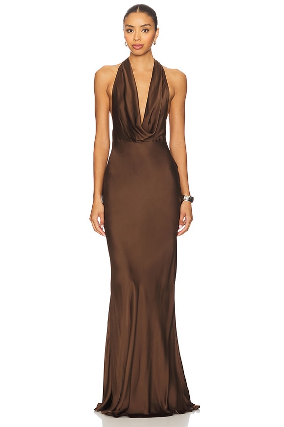 Sleek And Elegant Plunging Draped Cowl Neck Bridesmaid/Maid Of Honor Dress With Back Neck Train Detail And Tie Enclosure