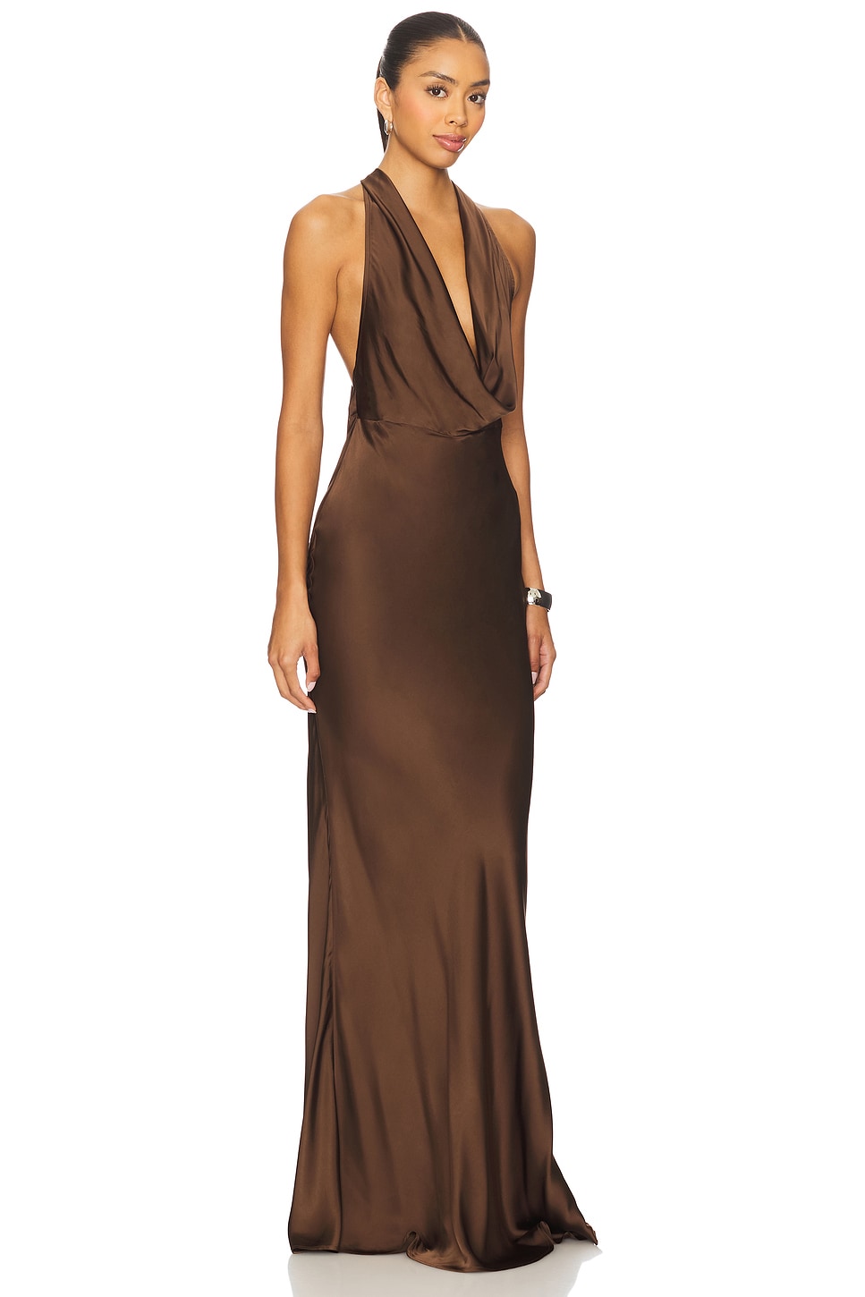 Sleek And Elegant Plunging Draped Cowl Neck Bridesmaid/Maid Of Honor Dress With Back Neck Train Detail And Tie Enclosure