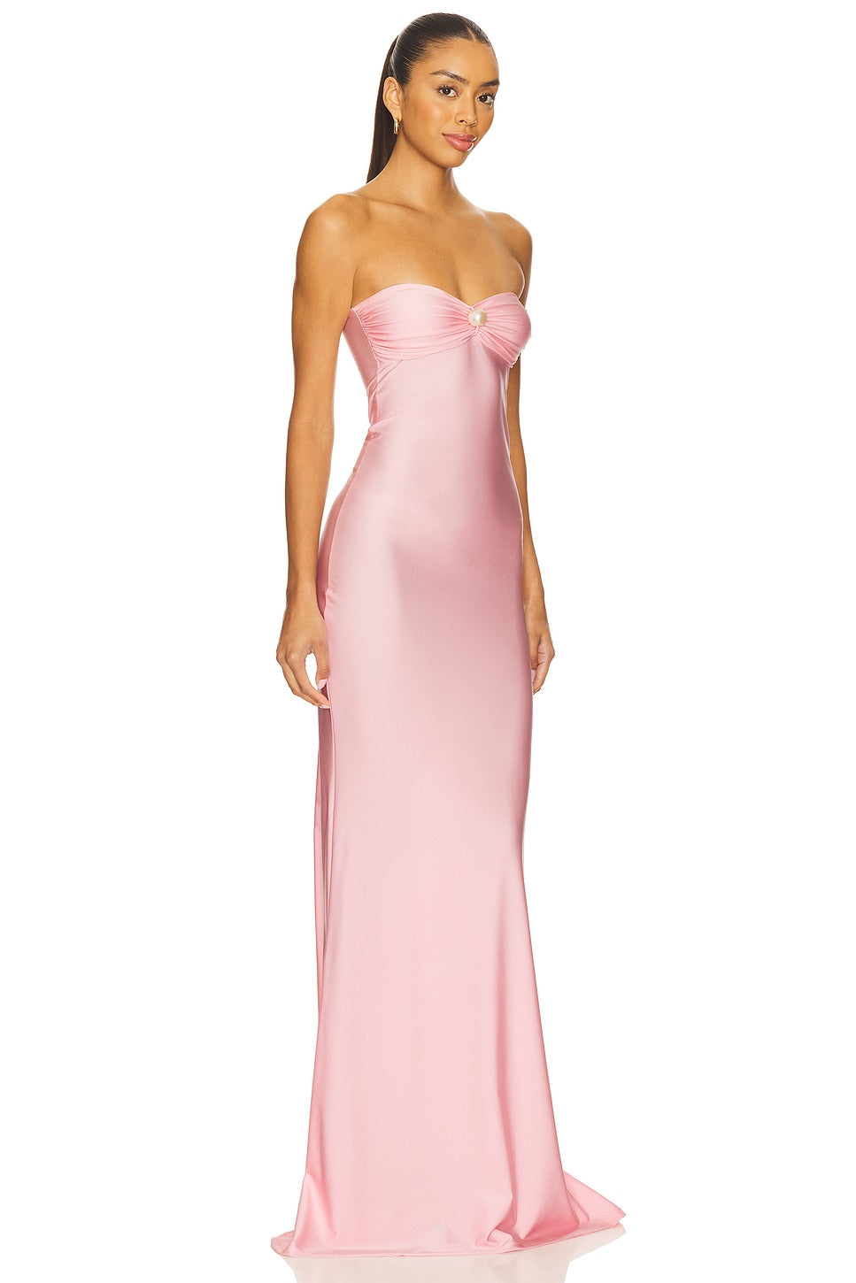 Strapless Sweetheart Ruched Bust With Center Pearl Detail Floor Length Bridesmaid/Maid Of Honor Dress