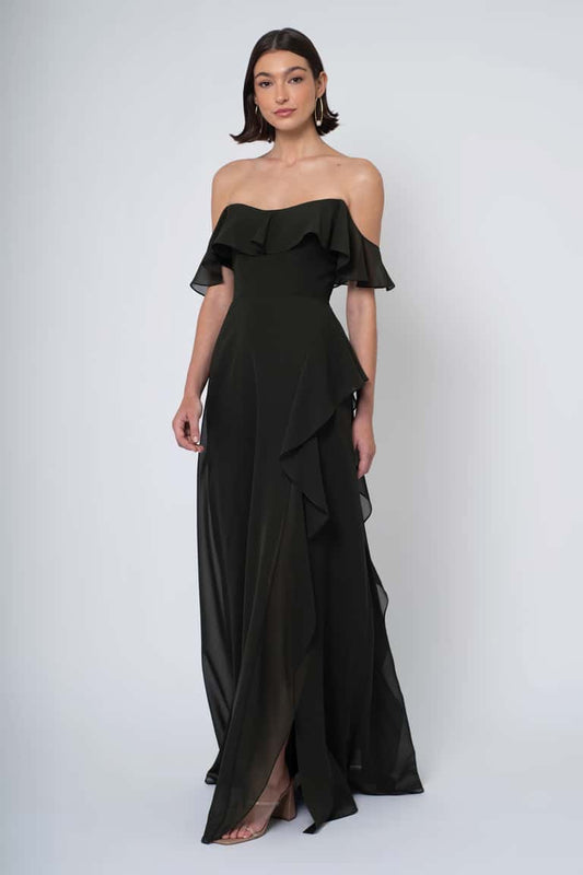 Classically Romantic Chiffon Flattering Off The Shoulder Neckline With A Dainty Ruffled Sleeve, And A Side Slit With A Delicately Cascading Ruffle Bridesmaid Dress
