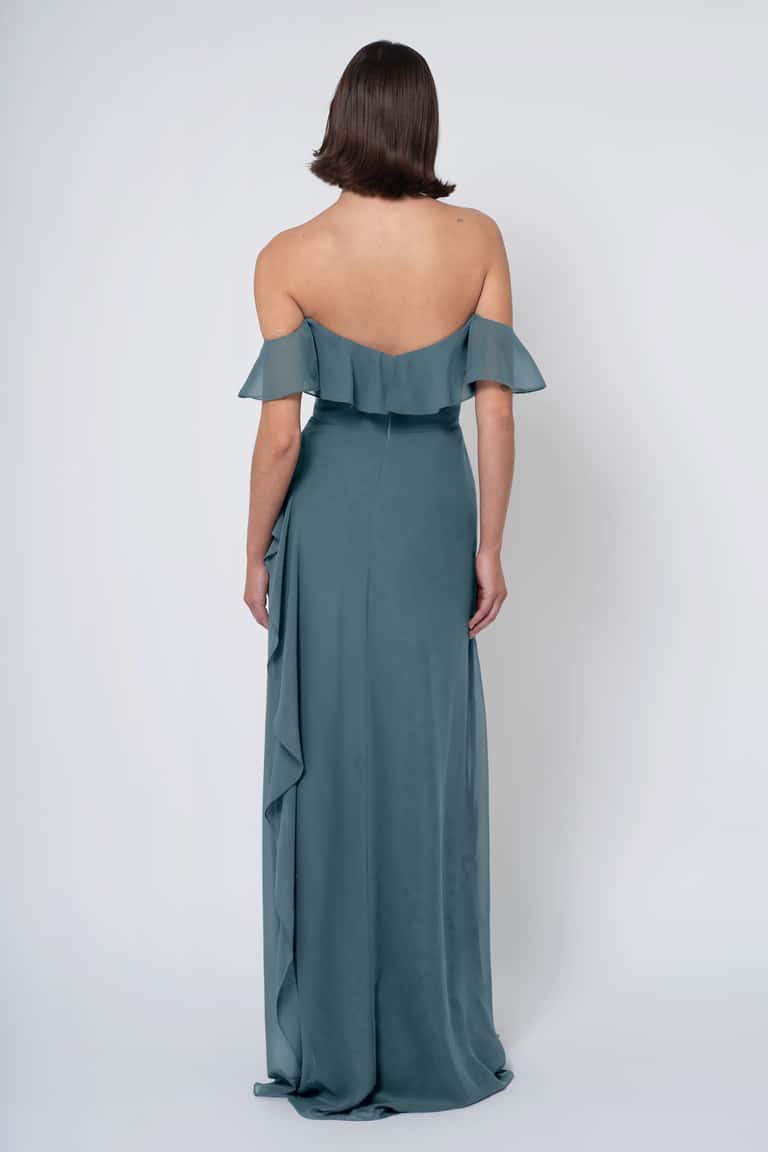 Classically Romantic Chiffon Flattering Off The Shoulder Neckline With A Dainty Ruffled Sleeve, And A Side Slit With A Delicately Cascading Ruffle Bridesmaid Dress