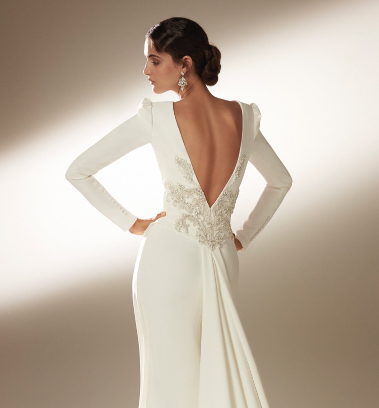 Modest Long Sleeve Open Back Embellished Trim Gown