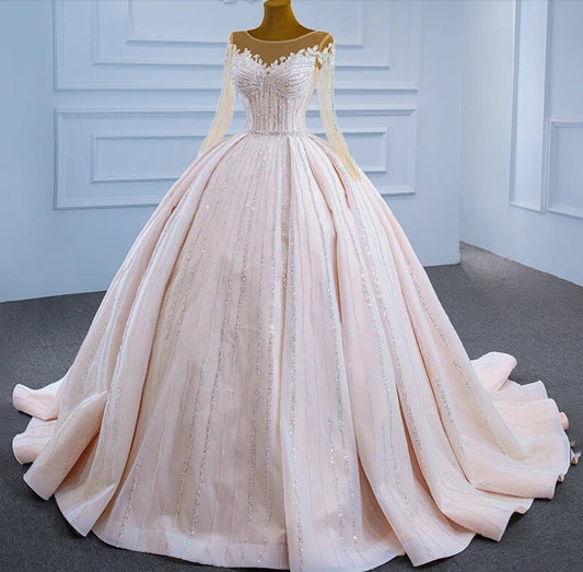 2023 Light Pink Sequinned Floral Vine Sweetheart Illusion Special Occasion Quinceañera Sweet Sixteen Event Gown