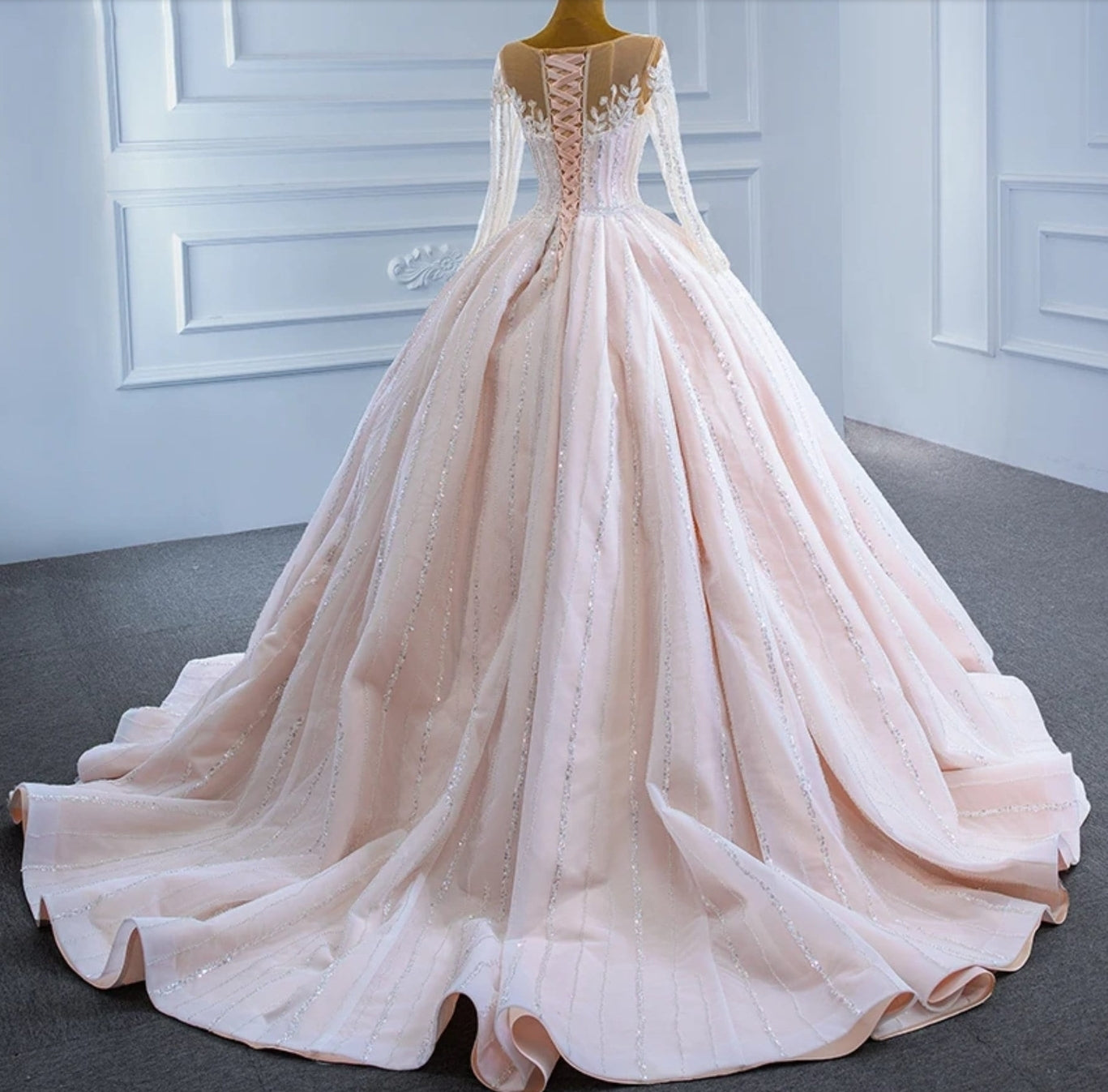 2023 Light Pink Sequinned Floral Vine Sweetheart Illusion Special Occasion Quinceañera Sweet Sixteen Event Gown