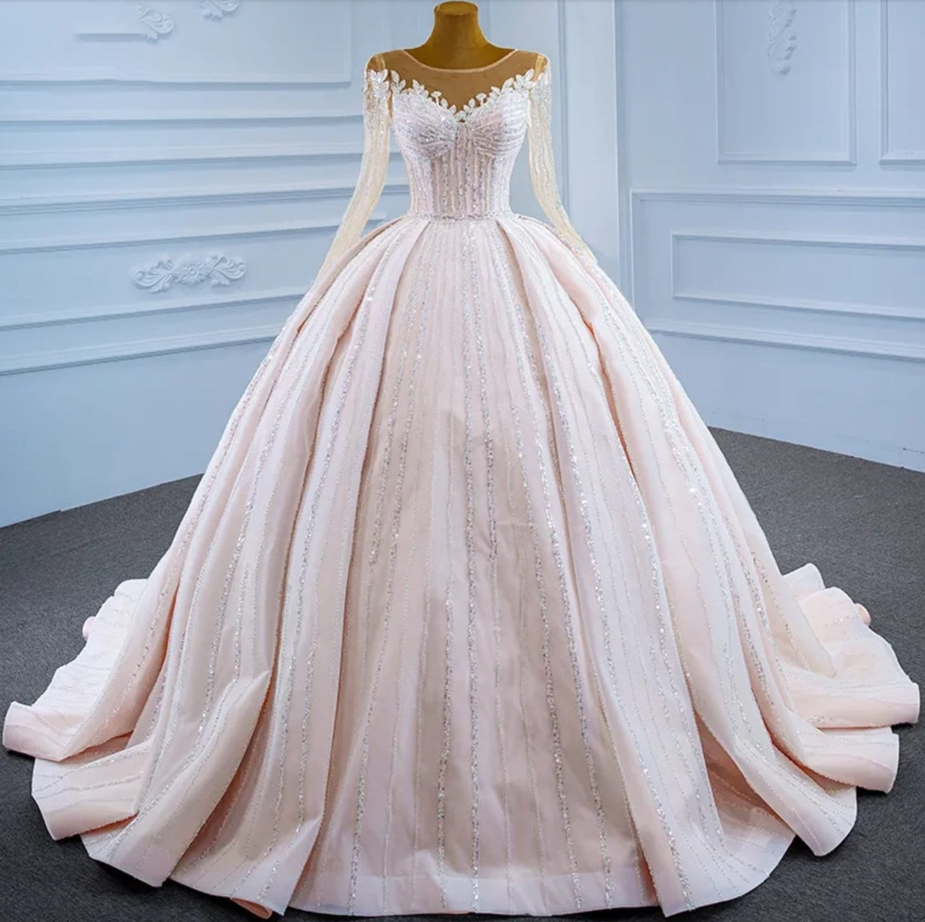 2023 Light Pink Sequinned Floral Vine Sweetheart Illusion Special Occasion Quinceañera Sweet Sixteen Event Gown