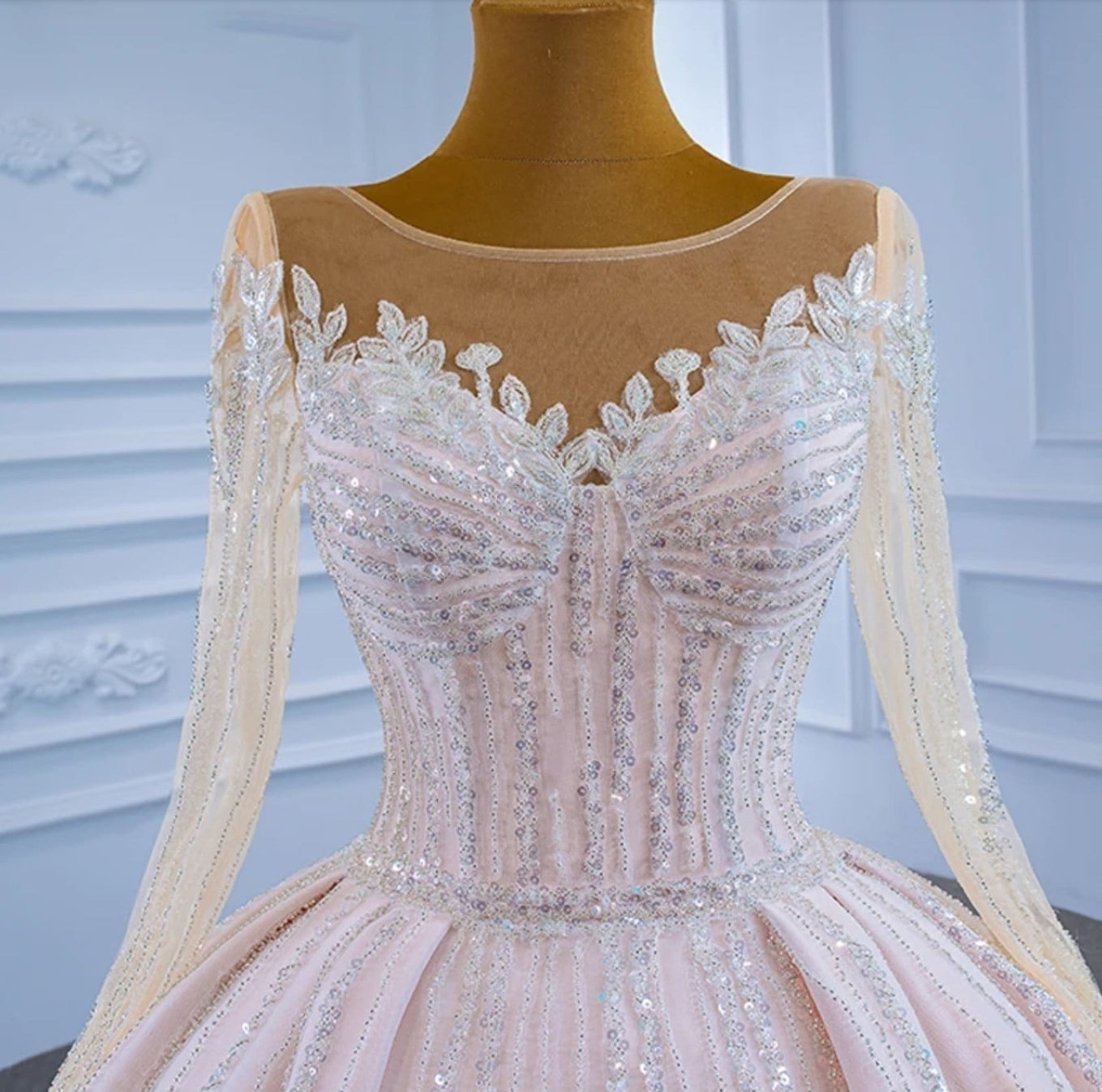 2023 Light Pink Sequinned Floral Vine Sweetheart Illusion Special Occasion Quinceañera Sweet Sixteen Event Gown