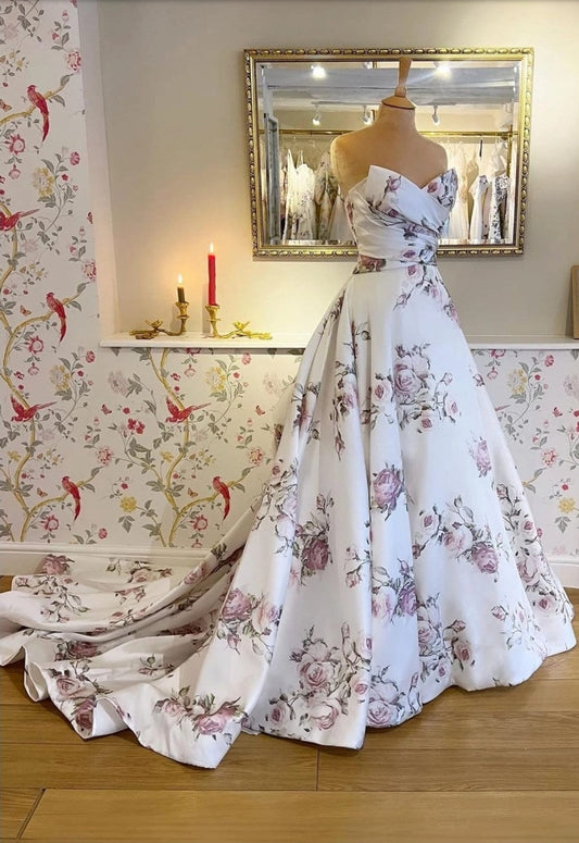 Pleated Ruched Strapless V Neck Floral Print A-Line Mother Of The Bride, Vow Renewal, Civil Ceremony Bridal Gown