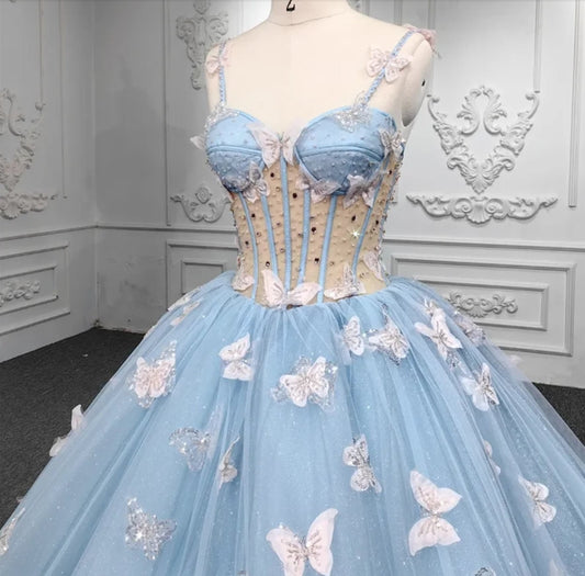 Beaded Spring Blue Sweetheart 3D Butterfly Gown