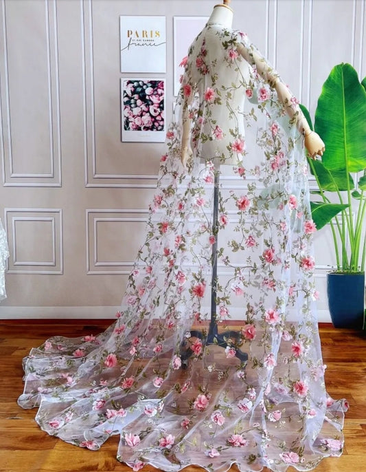 Beautiful Delicate 3D Floral Tulle Special Occasion One Button Collar Cape