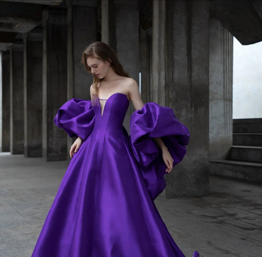 Beautiful Satin Strapless Plunging Sweetheart A-Line Gown WITH Draped Puff Bolero Wrap