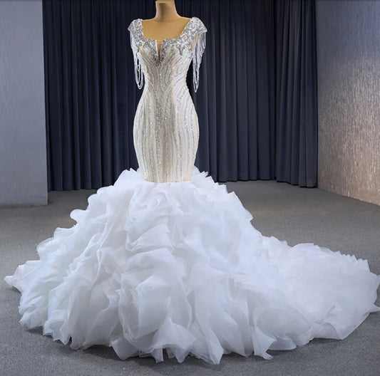 Beautiful Draped Crystal Beaded Cap Sleeve 2 In 1 Wedding To Reception Party Gown With Detachable Layered Ruffled Hem Fishtail