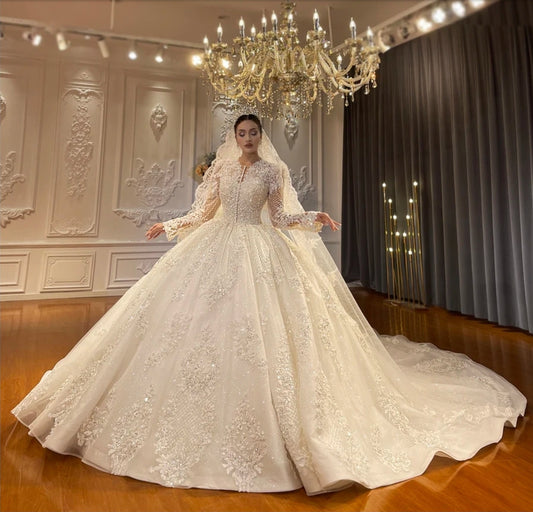 Beautiful Modern And Traditional 2024 Full Lace Long Sleeve Shimmering Princess Wedding Ball Gown