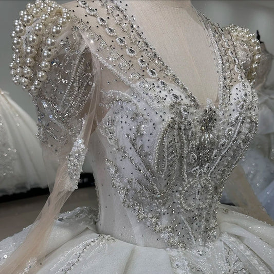 Boldly Beaded Embellished Sheer Long Sleeve Shimmering Layered Pleated And Draped Scattered Sequin Appliqué Train Victoria Era Gown