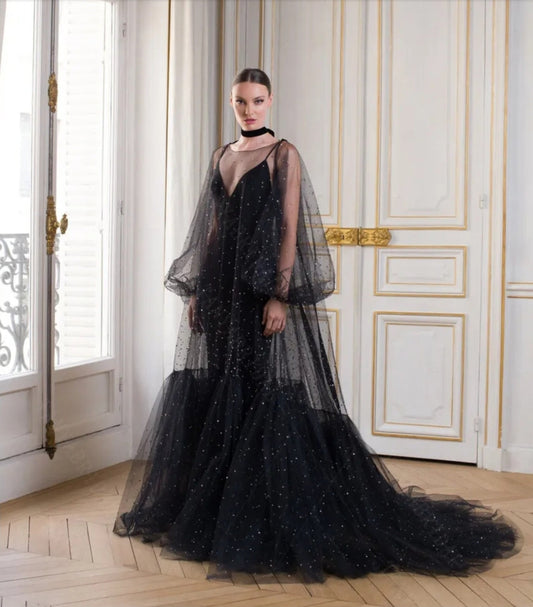 Celestial Stars Long Sleeve Sheer Sexy Boudoir Special Occasion Maternity Bridal Floor Length Over Bolero Jacket
