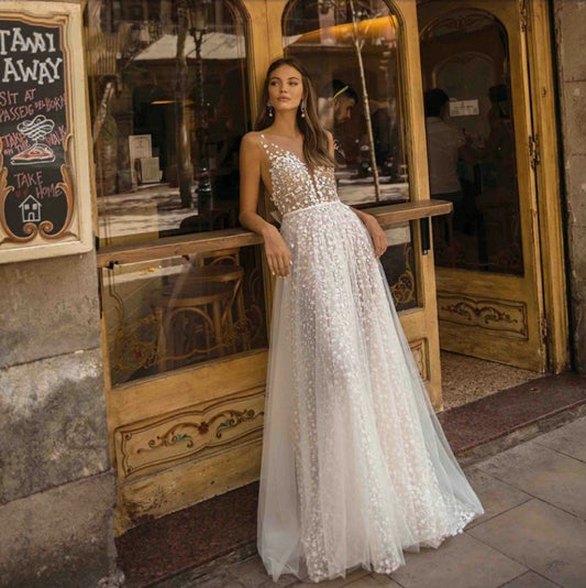 Delicate Floral Lace Plunging Neckline Illusion Beach Boho Wedding Dress