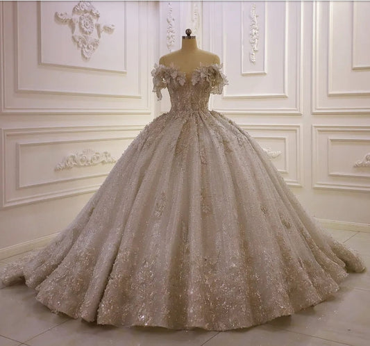 Unique 3D Floral Appliqué Pearl Beaded Lace Off The Shoulder Sweetheart Gown