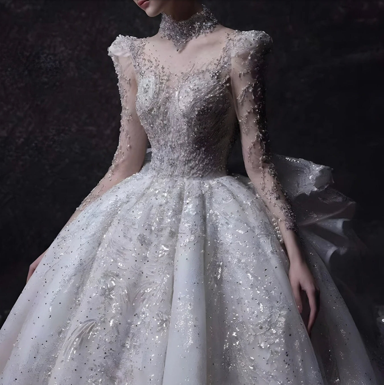 Shimmering Beaded Sequin Sheer Long Sleeve Victorian Princess Bridal Gown With Beautiful Enlarged Back Bow Detail